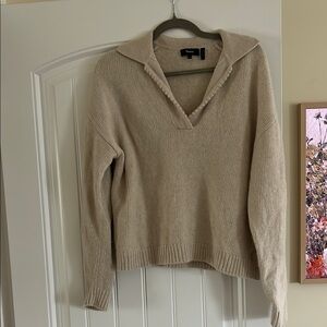 Theory Scalloped Wool-Blend Polo Sweater Medium Ecru Heather
